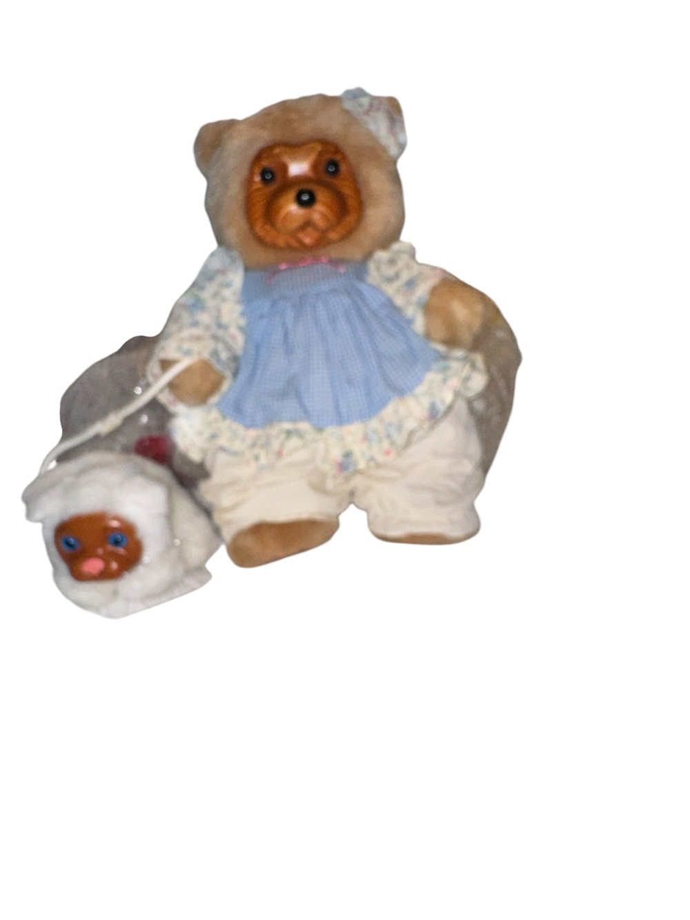 Plush Bear Doll in Beige with Blue Dress and Cream Outfit